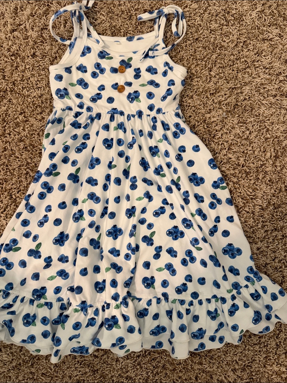 White Sundress with Blue Cherry Print and Tie Shoulders